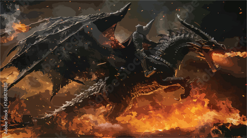 Giant dragon explode a fire breathe on a heroic medieval