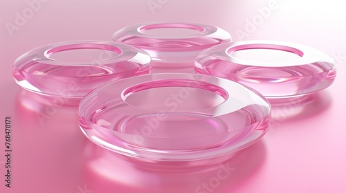 A series of translucent pink glass rings with a glossy finish displayed on a reflective pink background, symbolizing elegance and modern design.