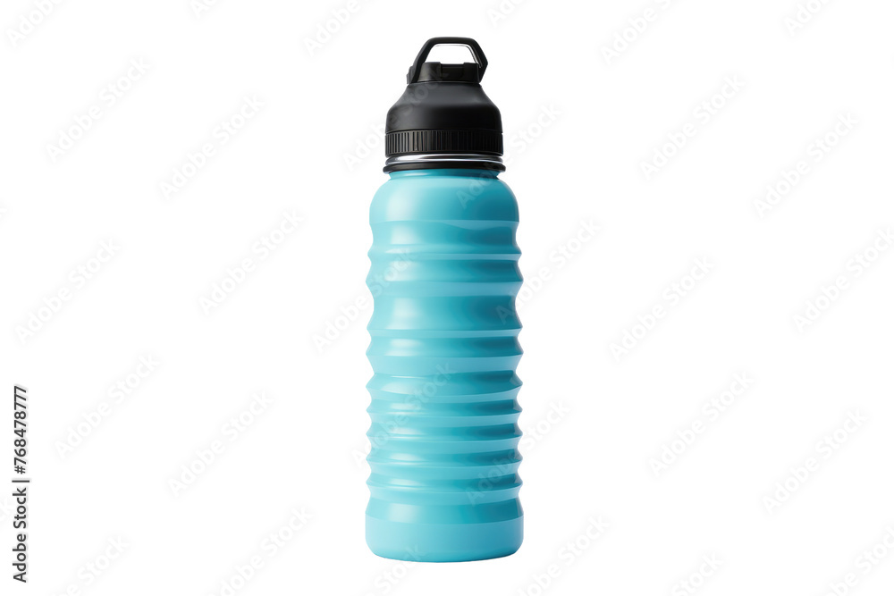 A blue water bottle with a black lid is placed on a table, reflecting the light. The bottle is sleek and modern in design. Isolated on a Transparent Background PNG. - obrazy, fototapety, plakaty 