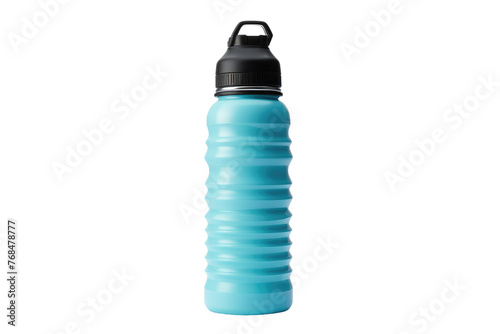 A blue water bottle with a black lid is placed on a table, reflecting the light. The bottle is sleek and modern in design. Isolated on a Transparent Background PNG.