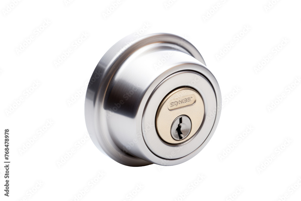 A stainless steel door knob with a keyhole, commonly used for locking and unlocking doors. The knob shows signs of regular user. Isolated on a Transparent Background PNG. - obrazy, fototapety, plakaty 