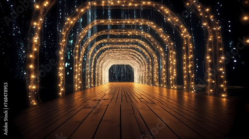 Empty street with a tunnel of string lights