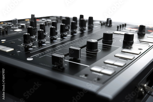 This close up shot displays a mixing board covered in various knobs used to adjust sound levels and effects. The knobs are clearly visible. Isolated on a Transparent Background PNG.