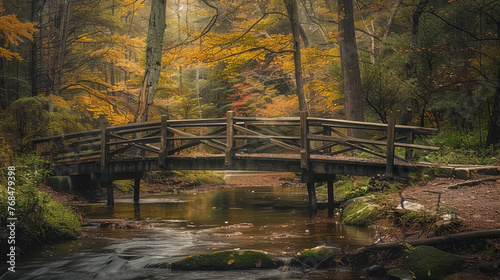Captivating scenery of a wooden bridge crossing over a calm stream amidst colorful autumn foliage