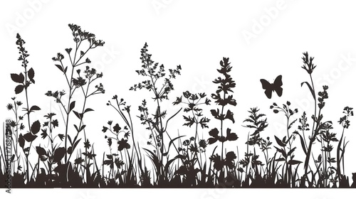 Black silhouettes of grass, flowers and herbs isolated on white background. Hand drawn sketch flowers and insects, Flower, garden grass field outline vector illustration Ai generated  photo