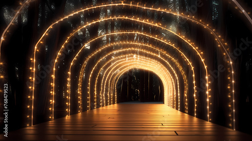 Empty street with a tunnel of string lights