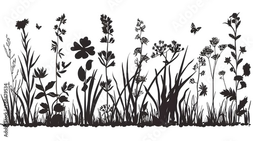 Black silhouettes of grass, flowers and herbs isolated on white background. Hand drawn sketch flowers and insects, Flower, garden grass field outline vector illustration Ai generated  © Hamid