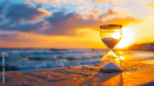 Time running out ,Hourglass on the background of a sunset. The value of time in life. Concept of time saving, retirement and time, Time is precious. Time cannot be turned back.