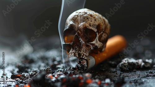 Man refusing cigarettes concept for quitting smoking and healthy lifestyle dark background. or No smoking campaign Concept. skull symbol risk of smoking isolated on black background. © Sittipol 