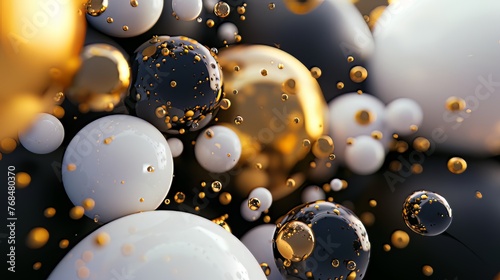 Abstract Fusion. Gold, white, and black elements fuse seamlessly in a 3D render, forming an abstract cluster of spheres and solids that captivates with its artistic fusion