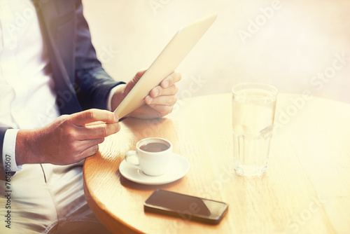 Closeup  businessman or tablet to relax in coffee shop to search  browse or read email communication. Man  tech or cup to scroll  post or update of social media  web or nft blog on app at city cafe