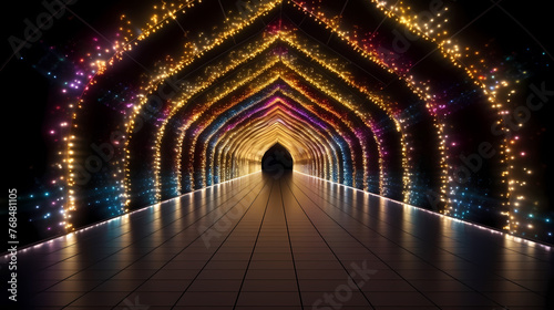 Empty street with a tunnel of string lights