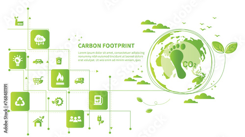 Carbon footprint concept with icon and infographic, measure huge foot, the impact of carbon pollution, Co2 emission in environment, carbon dioxide effect on planet ecosystem. Vector illustration.