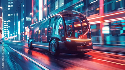 An autonomous electric bus autonomously navigates the streets, showcasing the advancements in smart vehicle technology, depicted in a 3D render. photo