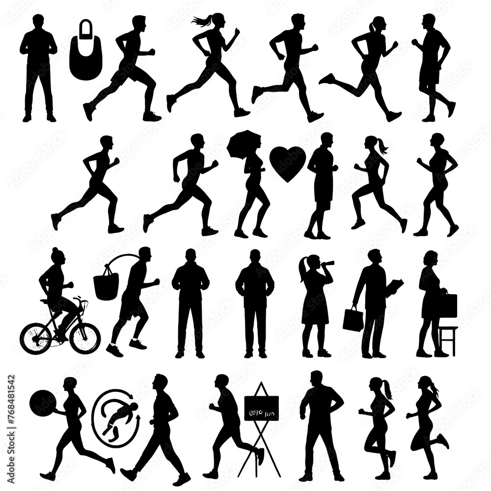 set of silhouettes of people activity