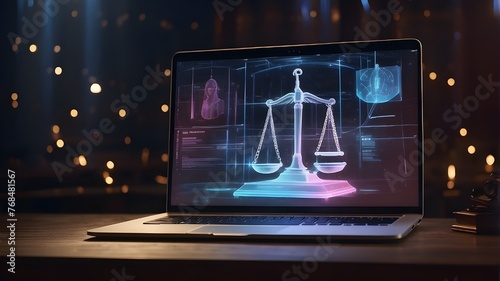 a fair and impartial justice system over a laptop, a hologram
