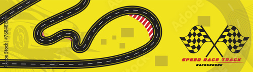 Creative vector illusion of race track isolated on yellow background. Speed race track background design with sport car.