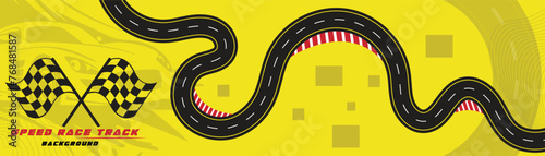 Creative vector illusion of race track isolated on yellow background. Speed race track background design with sport car.