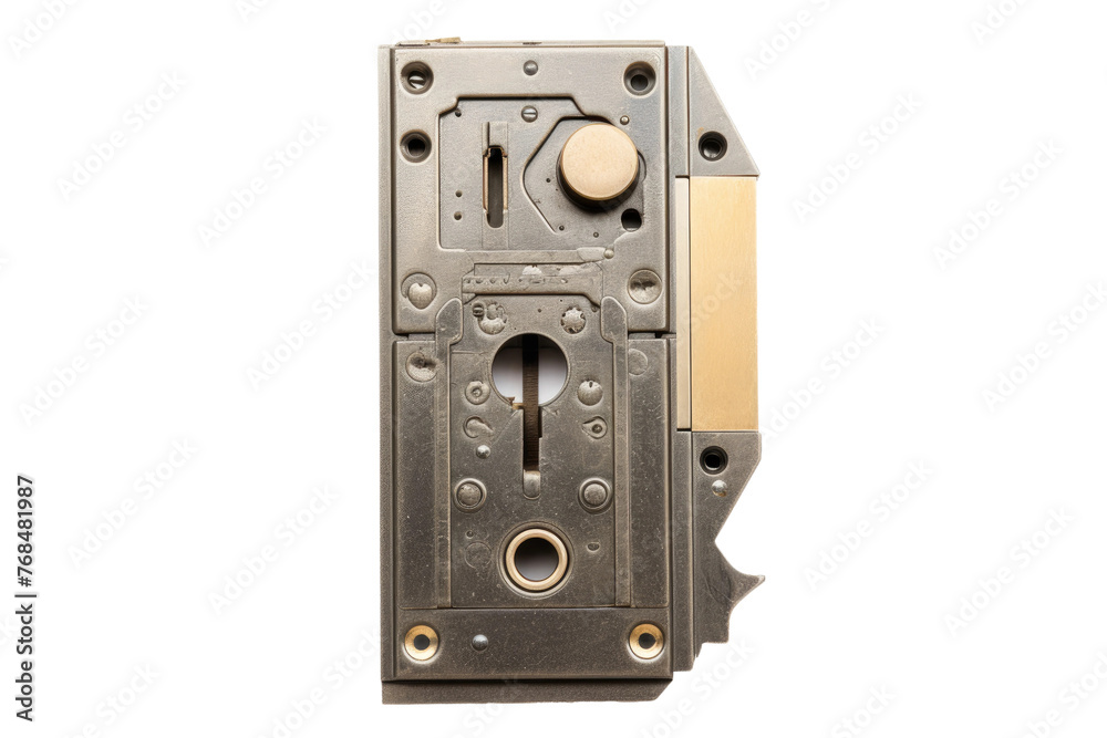 A detailed close up view of a shiny metal door handle. The focus is on the texture and design of the handle, showcasing its intricate details. Isolated on a Transparent Background PNG.