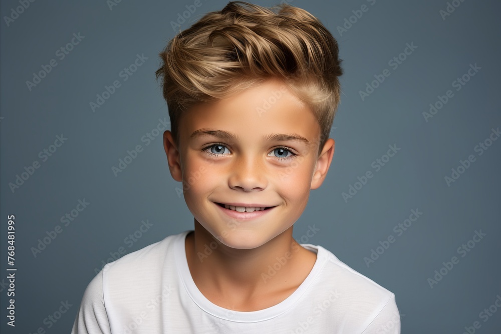 portrait of smiling boy in white t-shirt over grey background portrait of smiling boy in white t-shirt over grey background