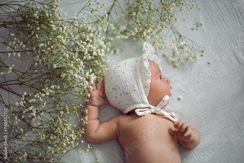 portrait of a beautiful baby infant girl in a cap lying on a bed with white flowers. light from the window