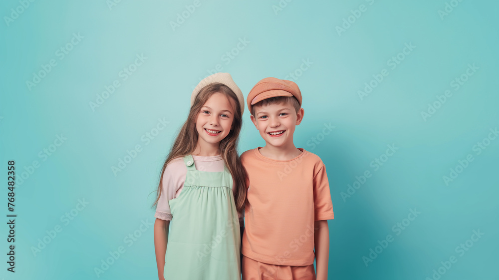 boy and girl in pastel colors, wearing pastel costume,  happy back to school children. 