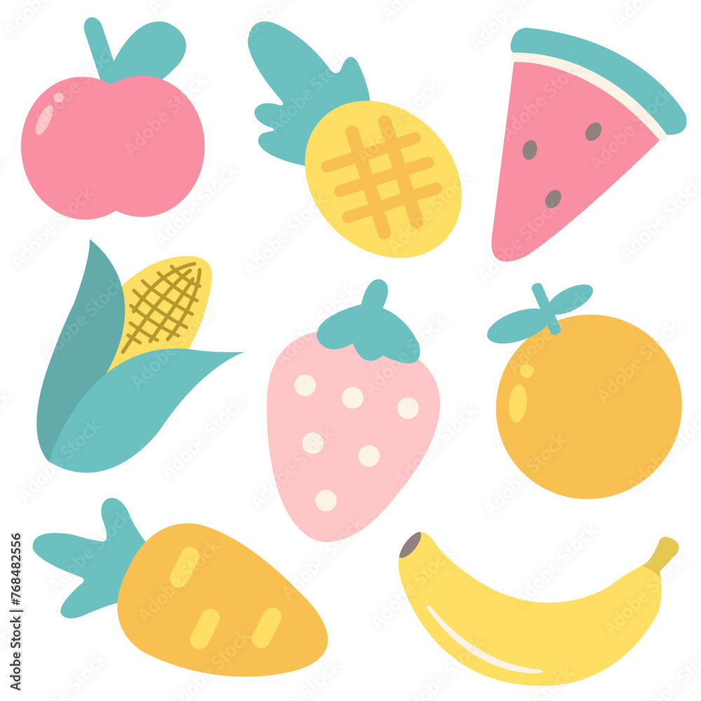 Fruit and vegetable collection in flat hand drawn style. Apple, Pine apple, Watermelon, Corn, Strawberry, Orange, Carrot and Banana. Fruit and vegetable collection in flat hand drawn style. Apple, Pine apple, Watermelon, Corn, Strawberry, Orange, Carrot and Banana.