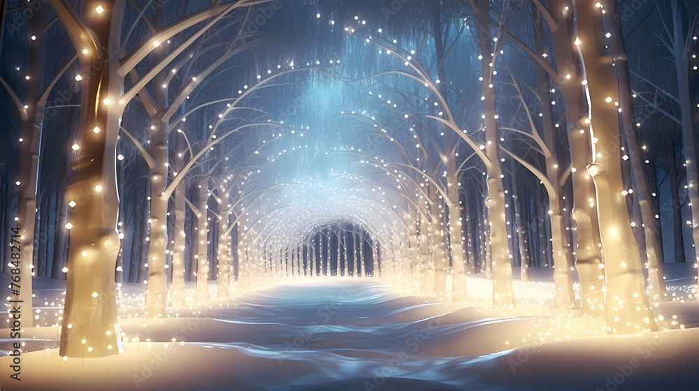 Empty street with a tunnel of string lights Empty street with a tunnel of string lights