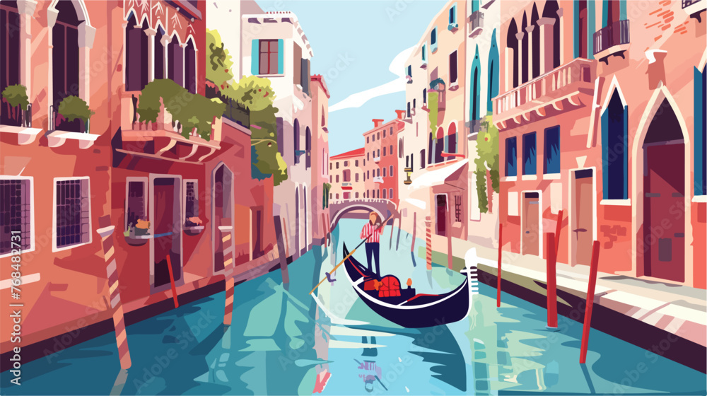 Narrow canal with gondola in Venice Italy. Architectu - obrazy, fototapety, plakaty 