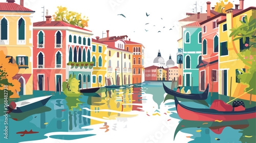 Narrow canal with gondola in Venice Italy. Architectu photo
