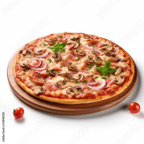 Side view of pizza isolated on white background. Photo for restaurant menu, advertising, delivery, banner