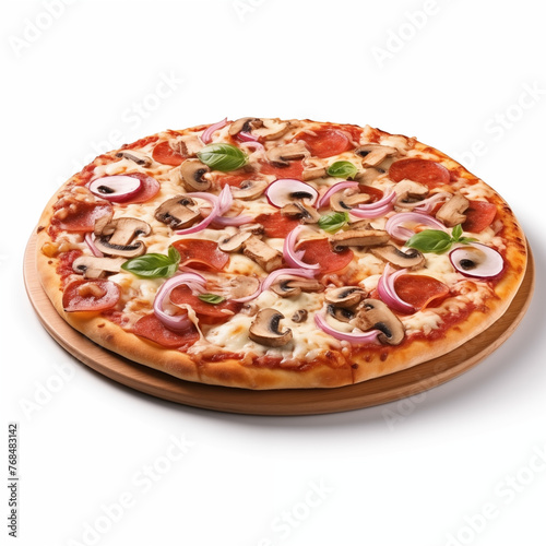 Side view of pizza isolated on white background. Photo for restaurant menu, advertising, delivery, banner