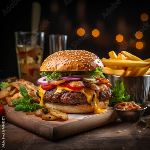 Burger with all the classic fixings. Tasty burger on with fries. Photo for restaurant, menu, adverising, banner