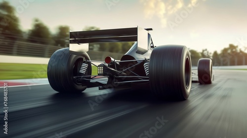 Close-up of a racing car speeding on a racetrack with motion blur conveying velocity and competition. © cherezoff