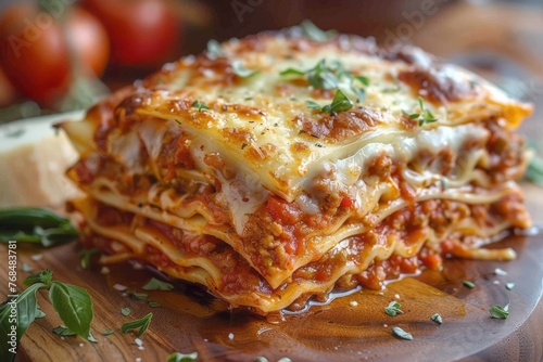 a piece of delicious lasagne on a wooden plate - food close-up