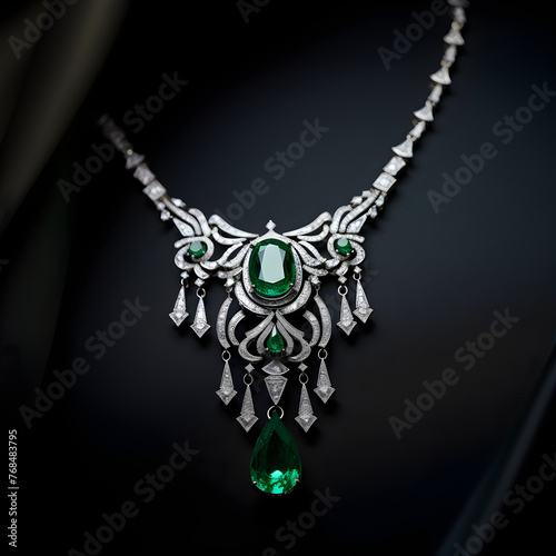 Luxurious White Gold Link Necklace with Exquisite Emeralds Illuminating Against Black Background