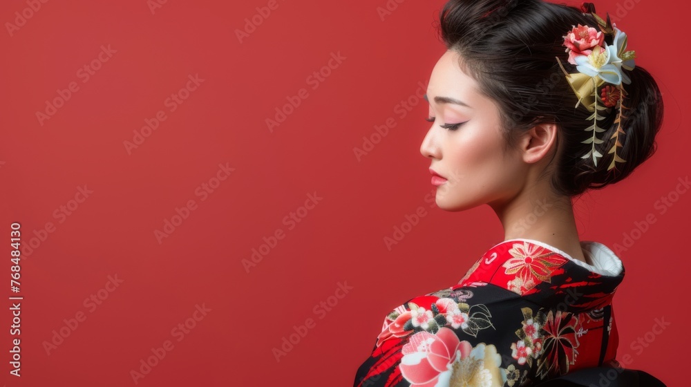 Japanese woman in a traditional kimono on red background. Female in asian clothes. Japanese woman in a traditional kimono on red background. Female in asian clothes.