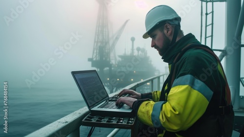 A man is using a laptop computer on a boat, surrounded by the vast expanse of water and sky in the ocean. AIG41