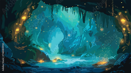 Magical fantasy cave with glowing lights flat vector 