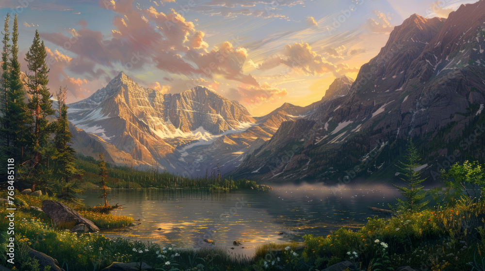 Obraz premium An awe-inspiring view of a serene mountain landscape basking in the warm glow of a sunrise, with snowy peaks reflecting in a calm lake