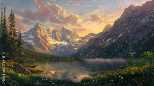 An awe-inspiring view of a serene mountain landscape basking in the warm glow of a sunrise, with snowy peaks reflecting in a calm lake © road to millionaire