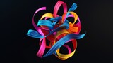 Vibrant ribbons in blue, pink and yellow intertwine against a dark background, creating a sense of movement and energy.
