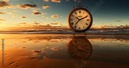 a clock is on the beach with clouds and sun setting