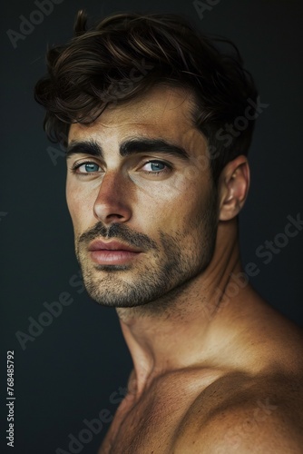 Portrait of a handsome young man on a dark background, Men's beauty, fashion