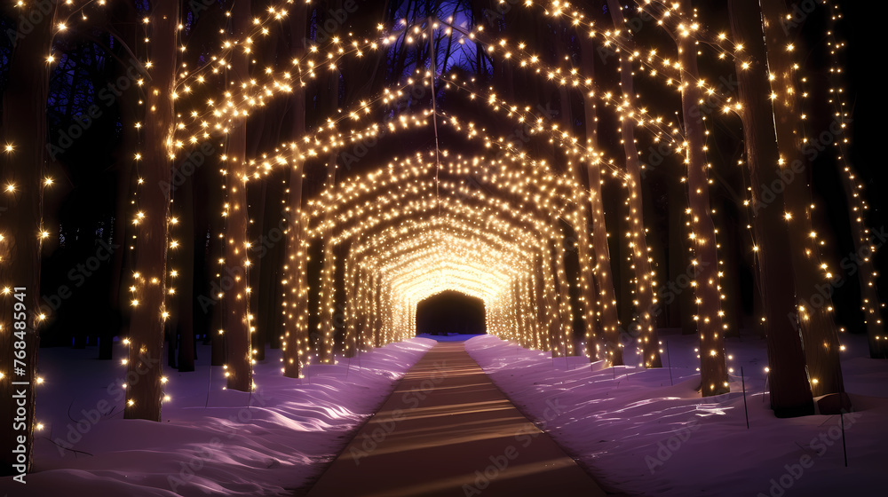 Empty street with a tunnel of string lights
