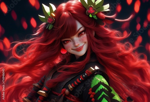 Illustration of a beautiful gothic girl with long red hair