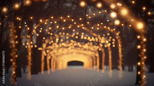 Empty street with a tunnel of string lights