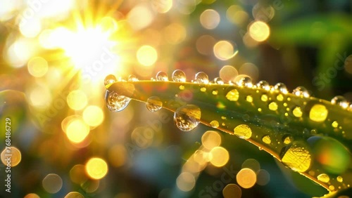 Water droplets on a blade of gr magnified by the suns rays creating a miniature world within each drop. photo