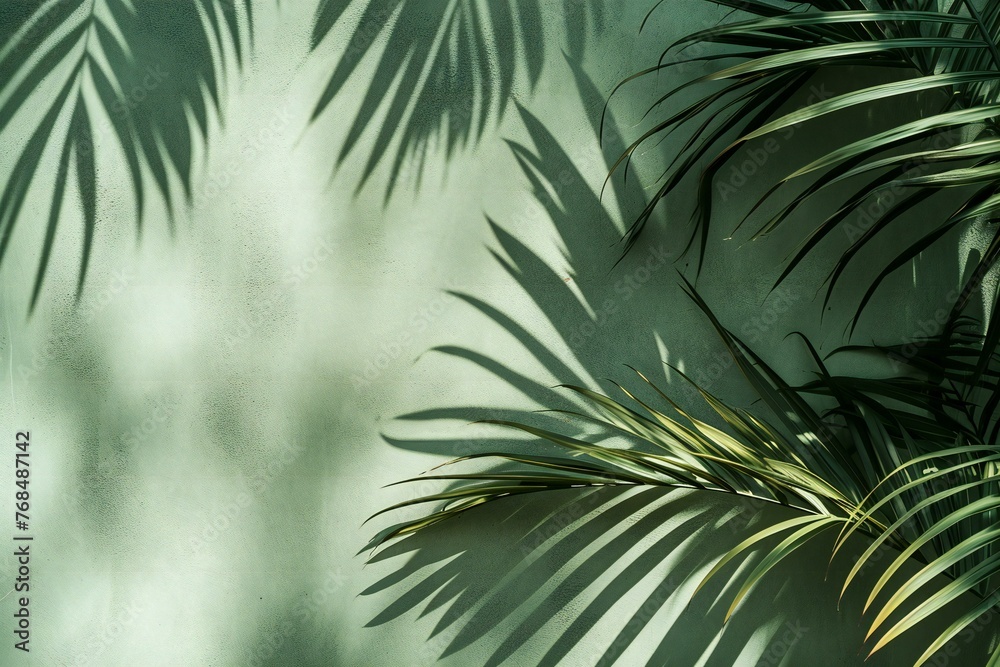 Green palm leaves on the wall,  Tropical background,  Copy space