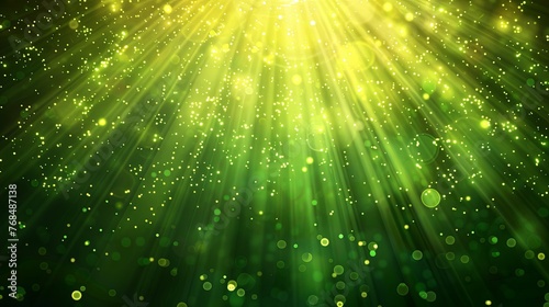 Asymmetric green light burst, abstract beautiful rays of lights on dark green background with the color yellow, golden sparkling. Defocused Christmas tree. Defocused Lights. Christmas tree background © Sittipol 